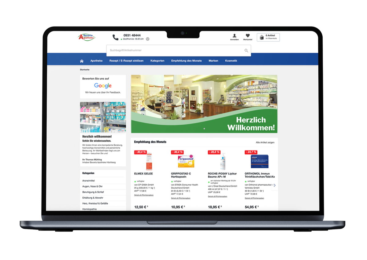 Online-Shop der Bavaria Apotheke am Laptop